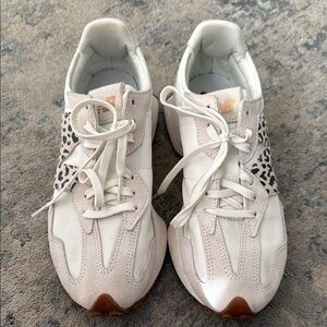 New Balance White and Tan Retro Sneakers